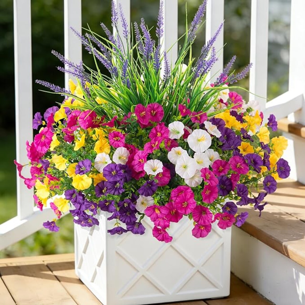 Artificial Flowers Fake Plants for Outdoors Decoration, 12 Bundles Silk Morning Glory with 2PCS Lavender Realistic UV Resistant Faux Spring Flowers for Outside Planter Yard Patio Garden Home Indoor
